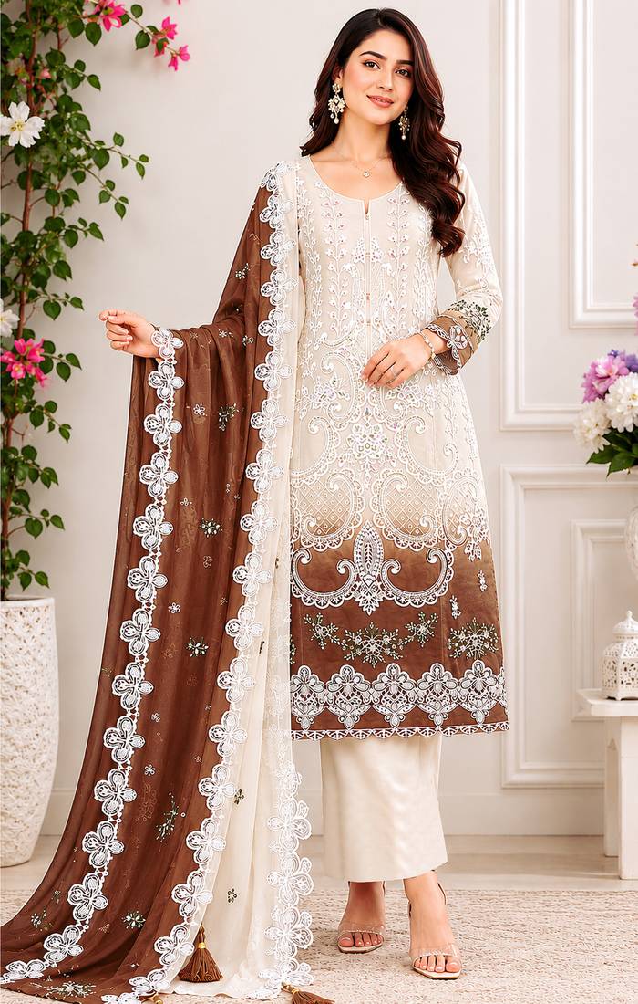 Coffee color shaded embroideried star georgette semi stitched salwar suit