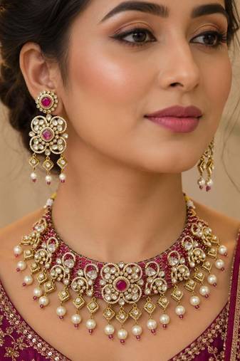 Ruby Polki Choker Necklace Set: Kundan Bridal Indian Wedding Statement Jewelry