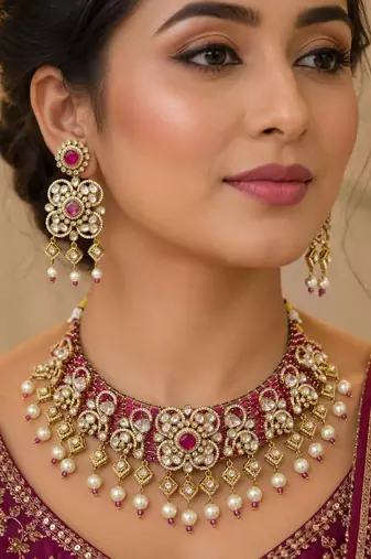 Ruby Polki Choker Necklace Set: Kundan Bridal Indian Wedding Statement Jewelry