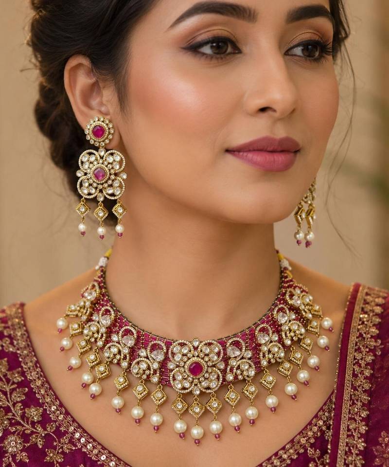 Ruby Polki Choker Necklace Set: Kundan Bridal Indian Wedding Statement Jewelry