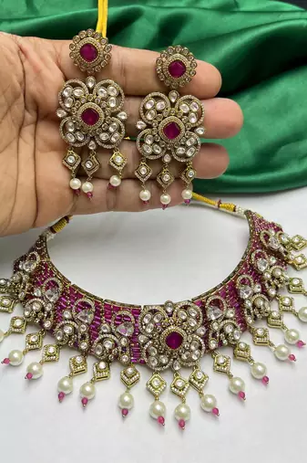 Ruby Polki Choker Necklace Set: Kundan Bridal Indian Wedding Statement Jewelry