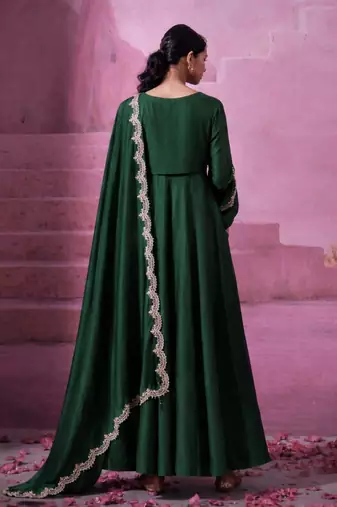 Women green silk sequin emroidery work kurta set