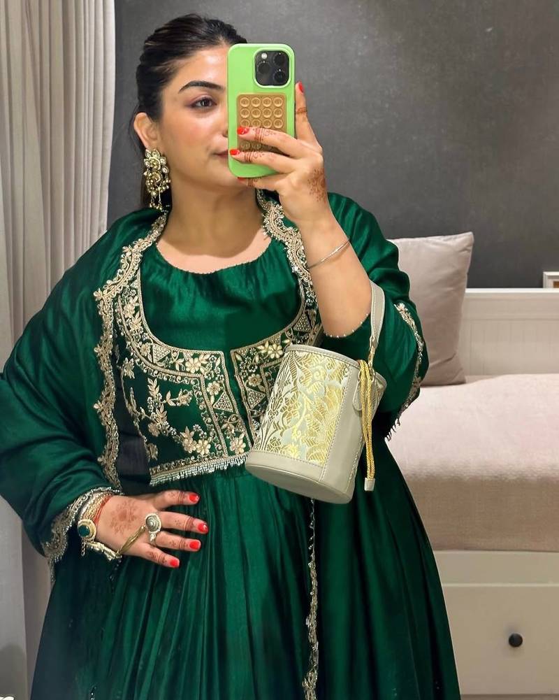 Women green silk sequin emroidery work kurta set
