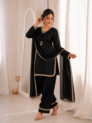Women black silk blend sequin emroidery work kurta set 1