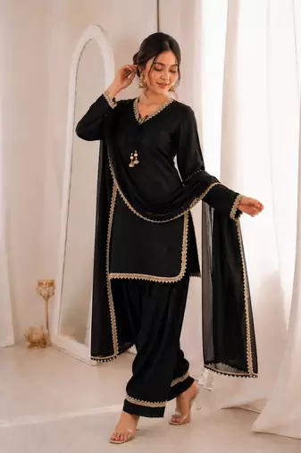 Women black silk sequin emroidery work kurta set