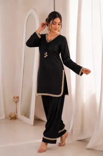 Women black silk sequin emroidery work kurta set