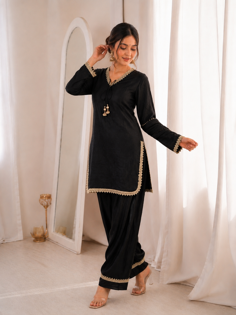 Women black silk sequin emroidery work kurta set