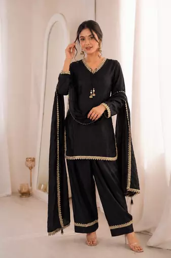 Women black silk sequin emroidery work kurta set