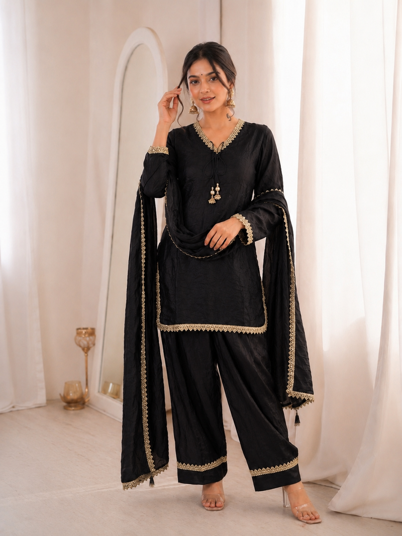Women black silk sequin emroidery work kurta set
