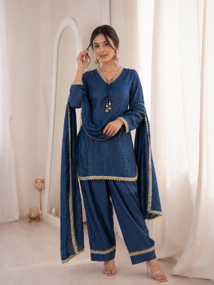 Women blue silk blend sequin emroidery work kurta set 1