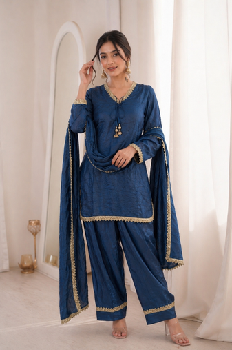 Women blue silk sequin emroidery work kurta set