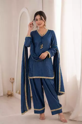 Women blue silk sequin emroidery work kurta set