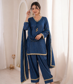 Women blue silk sequin emroidery work kurta set