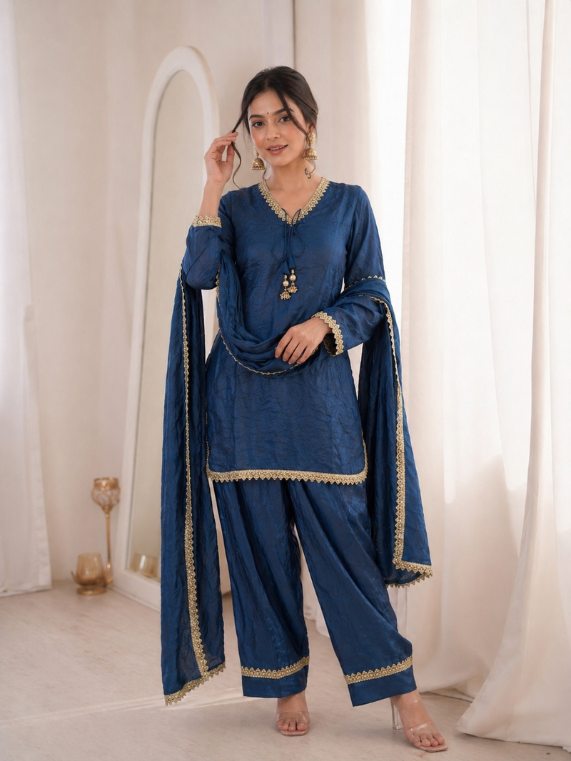 Women blue silk sequin emroidery work kurta set