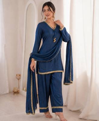 Women blue silk blend sequin emroidery work kurta set 2