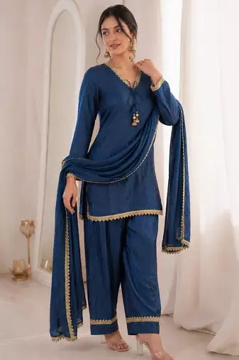 Women blue silk sequin emroidery work kurta set