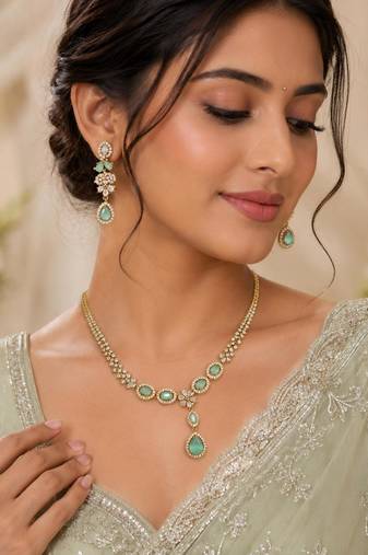 Pista green ad stone & agate stone necklace set with earrings, antique gold plated