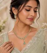 Pista green ad stone & agate stone necklace set with earrings, antique gold plated