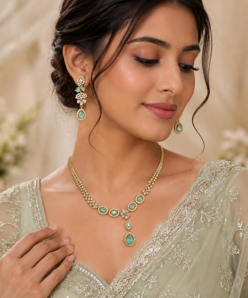 Pista green ad stone & agate stone necklace set with earrings, antique gold plated