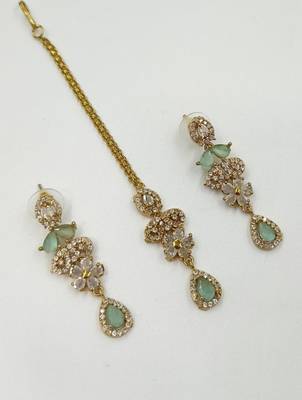 Pista green ad stone & agate stone necklace set with earrings, antique gold plated 4