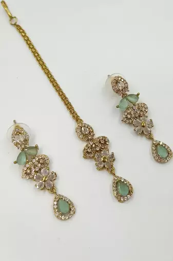 Pista green ad stone & agate stone necklace set with earrings, antique gold plated