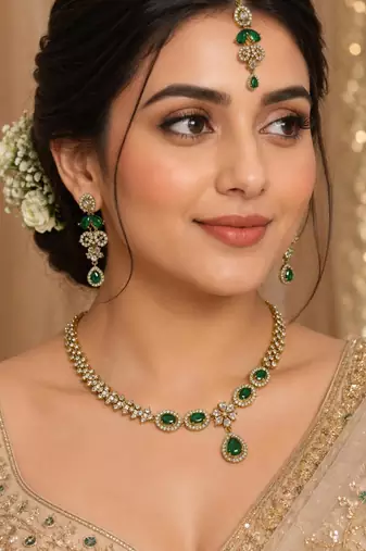Green ad stone & agate stone necklace set with earrings, antique gold plated