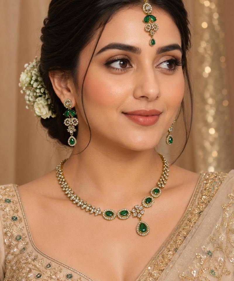 Green ad stone & agate stone necklace set with earrings, antique gold plated