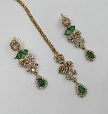 Green ad stone & agate stone necklace set with earrings, antique gold plated 3