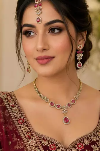 Ruby ad stone & agate stone necklace set with earrings, antique gold plated