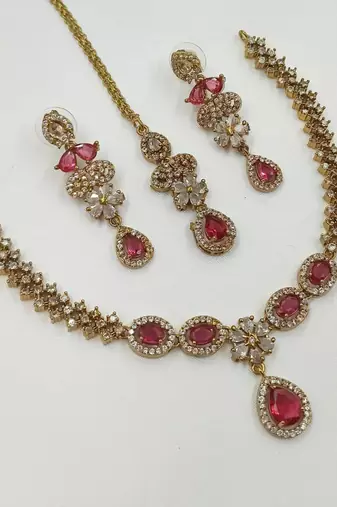 Ruby ad stone & agate stone necklace set with earrings, antique gold plated