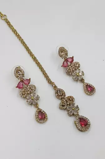 Ruby ad stone & agate stone necklace set with earrings, antique gold plated