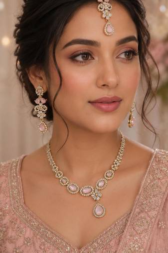 Baby pink ad stone & agate stone necklace set with earrings, antique gold plated