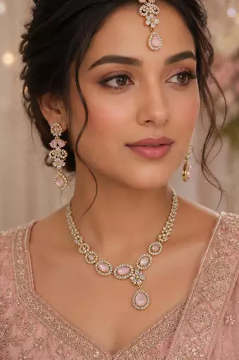 Baby pink ad stone & agate stone necklace set with earrings, antique gold plated