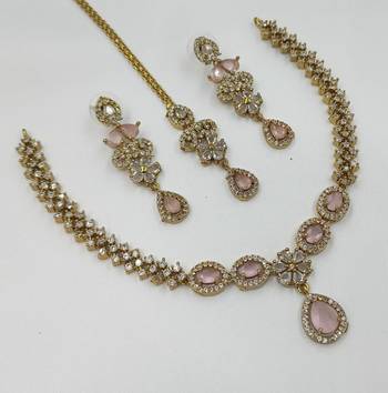 Baby pink ad stone & agate stone necklace set with earrings, antique gold plated 2