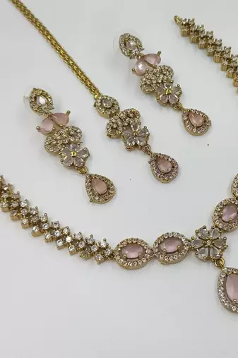 Baby pink ad stone & agate stone necklace set with earrings, antique gold plated
