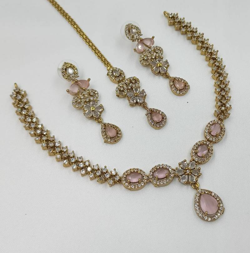 Baby pink ad stone & agate stone necklace set with earrings, antique gold plated