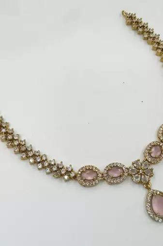 Baby pink ad stone & agate stone necklace set with earrings, antique gold plated