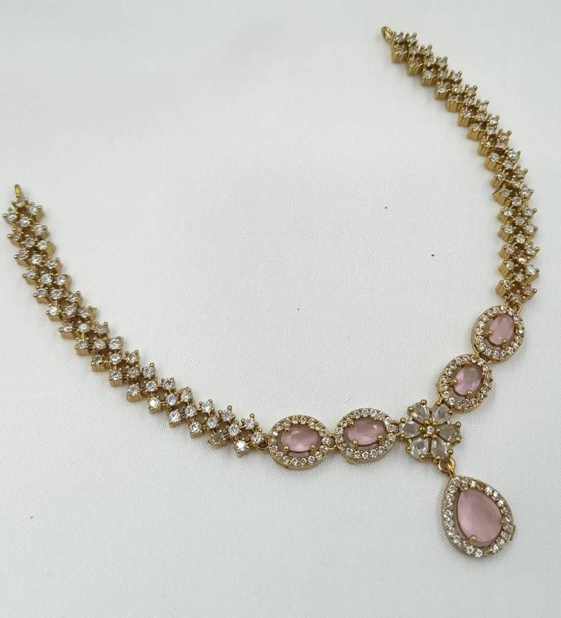 Baby pink ad stone & agate stone necklace set with earrings, antique gold plated