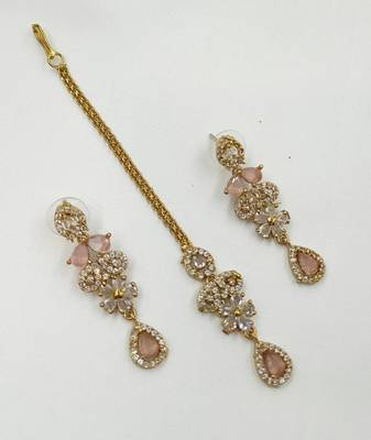 Baby pink ad stone & agate stone necklace set with earrings, antique gold plated 4