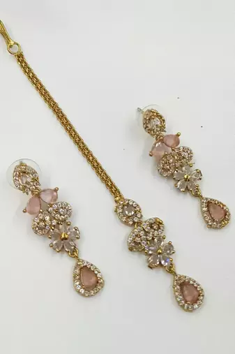 Baby pink ad stone & agate stone necklace set with earrings, antique gold plated