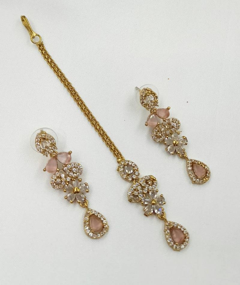 Baby pink ad stone & agate stone necklace set with earrings, antique gold plated