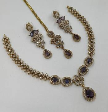 Purple ad stone & agate stone necklace set with earrings, antique gold plated 2