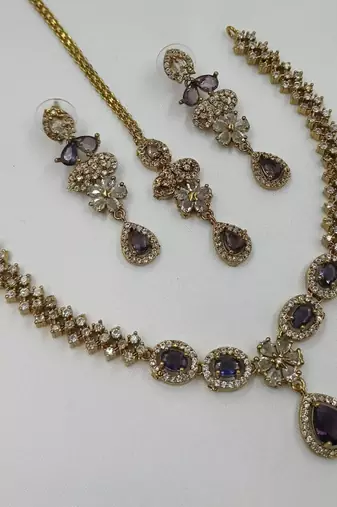 Purple ad stone & agate stone necklace set with earrings, antique gold plated