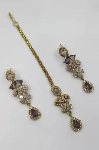 Purple ad stone & agate stone necklace set with earrings, antique gold plated