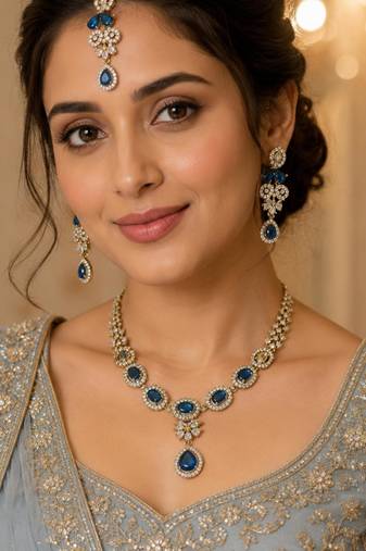 Blue ad stone & agate stone necklace set with earrings, antique gold plated