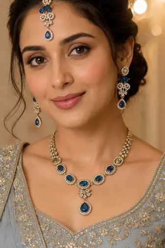 Blue ad stone & agate stone necklace set with earrings, antique gold plated