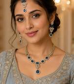 Blue ad stone & agate stone necklace set with earrings, antique gold plated