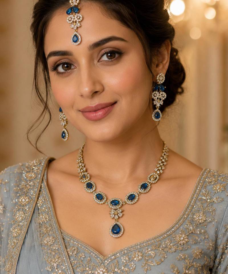 Blue ad stone & agate stone necklace set with earrings, antique gold plated
