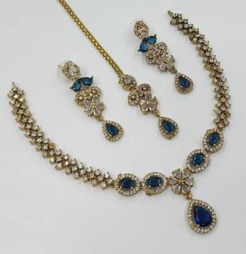 Blue ad stone & agate stone necklace set with earrings, antique gold plated 2