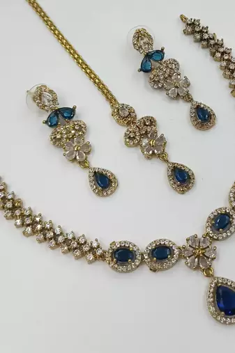 Blue ad stone & agate stone necklace set with earrings, antique gold plated